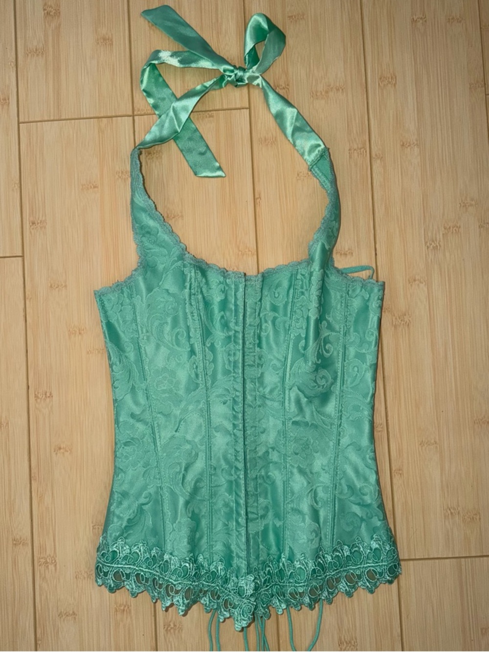 Vintage Frederick's of Hollywood green satin corset bustier